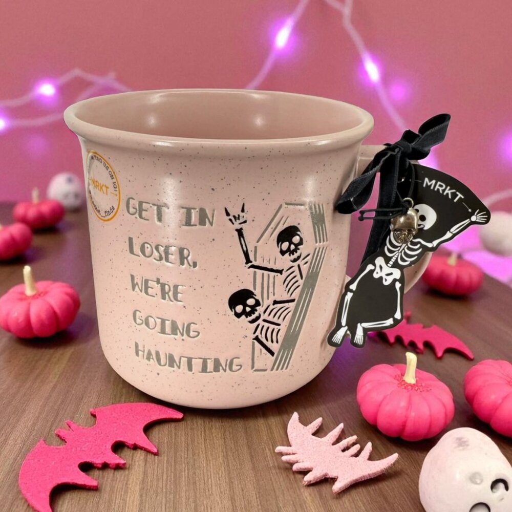 Halloween Mean Girls Get In Loser, We're Going Haunting Skeleton Coffin Pink Mug